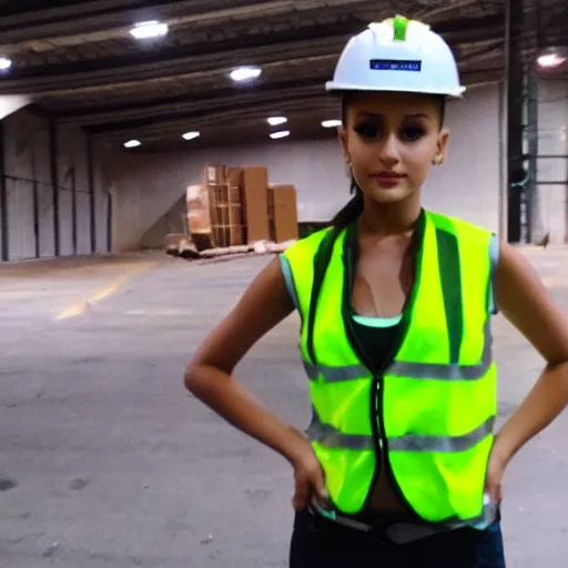 Image similar to photo, close up, ariana grande in a hi vis vest, in warehouse, android cameraphone, 2 6 mm,