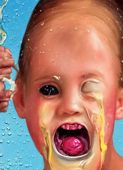 Image similar to portrait of a girl, icecream dripping down her, oil comes out of her mouth, hyper-realistic, high-tech