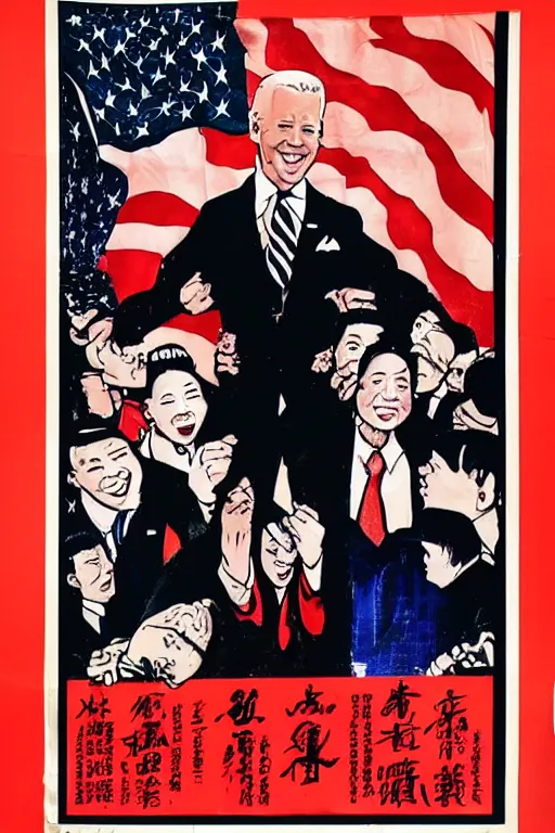 Image similar to an anti-American Chinese propaganda poster of the devil Joe Biden