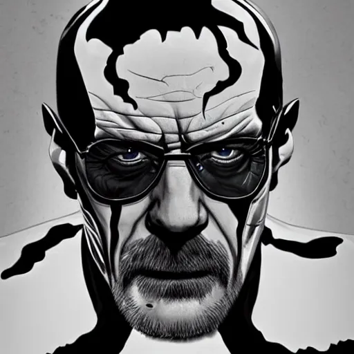 Image similar to Walter White as Venom (2018), 4k, insanely detailed, half face symbiote half face human