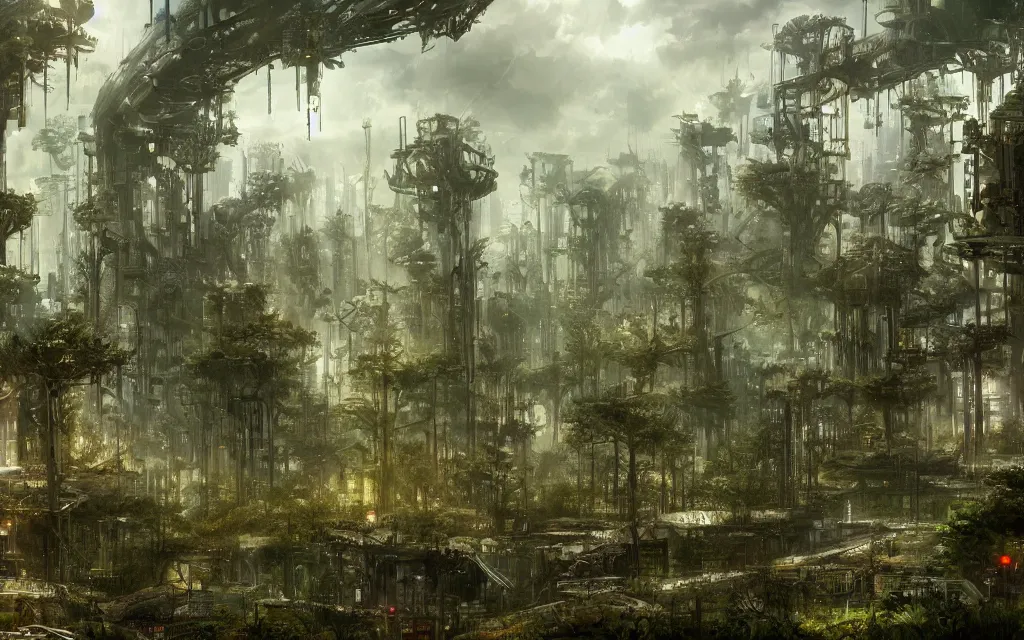 Image similar to a forest where gears and electronic parts grow on the trees tops, cyberpunk landscape wallpaper, d&d art, fantasy, painted, 4k, high detail, sharp focus