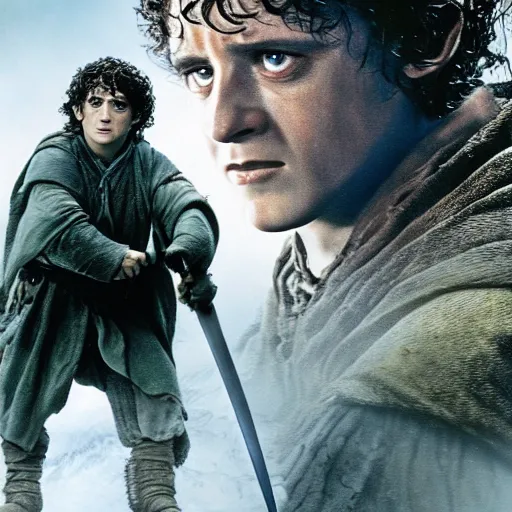 Image similar to lord of the rings, danny devito as frodo baggins, shooting uruks with a gun