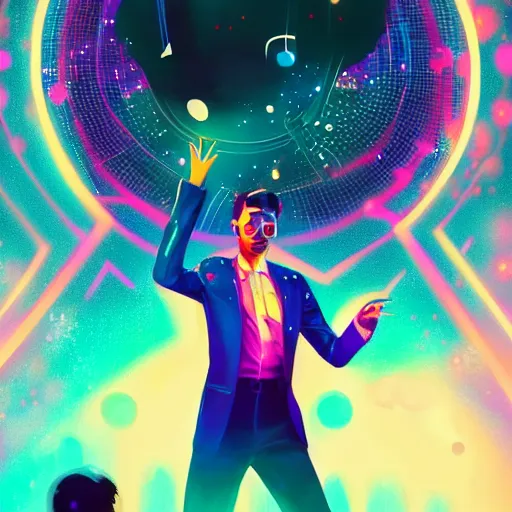 Prompt: night fever, a dj creating illegal disco music, digital painting, artstation, ristan eaton, victo ngai, artgerm, rhads, ross draws, anime styled, hd, 4 k