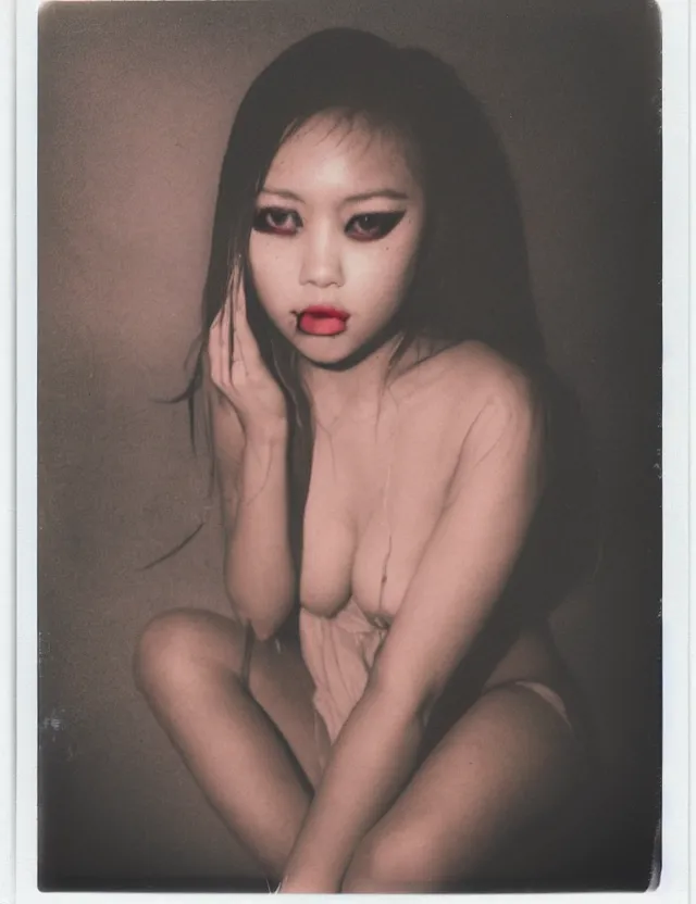 Prompt: polaroid photo with flash, girl sitting on a bad, heavy make up, grunge style, asian, polaroid photo bleached strong lights, kodak film stock, hyper real, stunning moody cinematography, with anamorphic lenses, by maripol, detailed