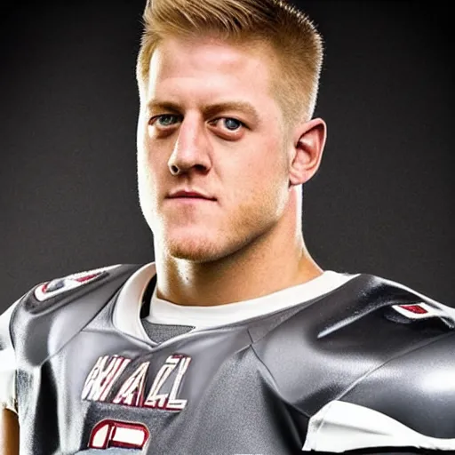 Image similar to “a realistic detailed photo of a guy who is an attractive humanoid who is half robot and half humanoid, who is a male android, football player JJ Watt, shiny skin, posing like a statue, blank stare”