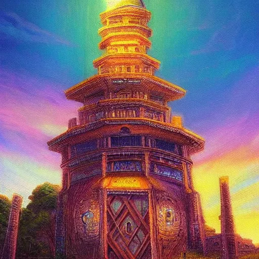 Prompt: “ a very detailed painting in the style of noriyoshi ohrai of an ancient holy tower, it is a glowing fortress and has iridescent mana radiating from it into the aether. it is centered. the background is the sky at dusk. retrofuturistic fantasy ”