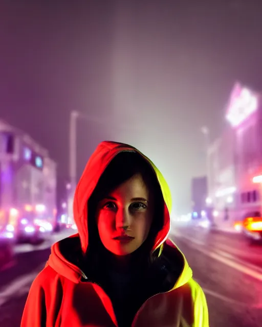 Image similar to a closeup portrait of as beautiful young woman wearing a transparent hoody standing in the middle of a busy night road, misty with lots of bright neon lights on the background, very backlit, moody feel, dramatic