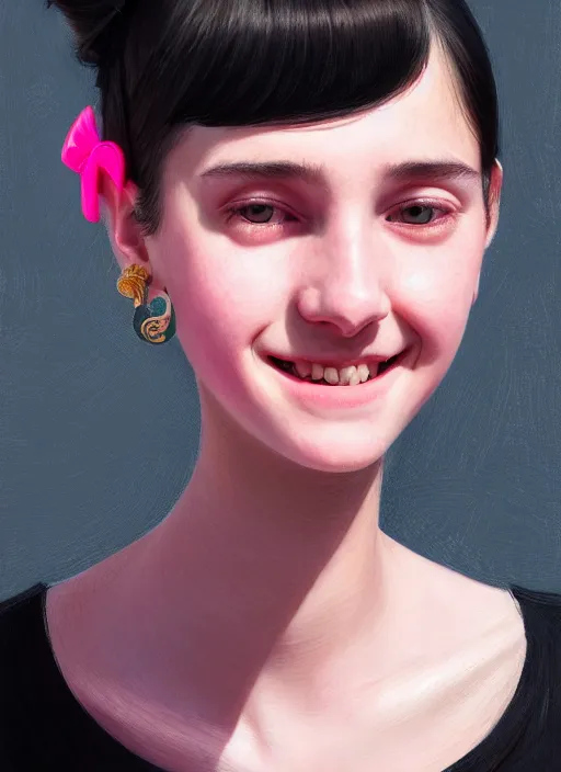 Image similar to portrait of teenage girl, realistic, black hair, bangs, half updo hairstyle, pointy nose, skinny, smile, ugly, defined jawline, big chin, pink hair bow, earrings, intricate, elegant, glowing lights, highly detailed, digital painting, artstation, sharp focus, illustration, art by wlop, mars ravelo and greg rutkowski