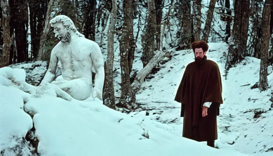 Prompt: 1 9 6 0 s movie still of marcus aurelius frozen to death under the snow by the side of a river with gravel, pine forests, cinestill 8 0 0 t 3 5 mm, high quality, heavy grain, high detail, texture, dramatic light, anamorphic, hyperrealistic, detailed hair, foggy