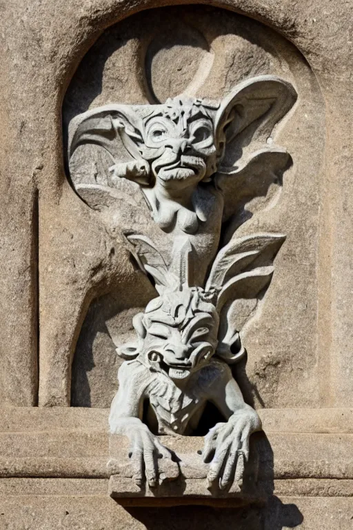 Image similar to ortographic view of a stone sculpture of a gargoyle sitting on a pedestal with intricate carvings and fine detail