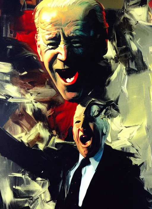 Prompt: joe biden screaming, painting by phil hale, fransico goya,'action lines '!!!, graphic style, visible brushstrokes, motion blur, blurry