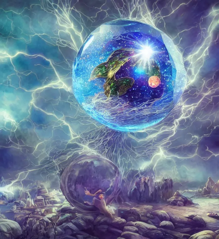 Prompt: a magical and exquisite fantasy illustration of an intricate and faceted crystal ball with a world inside of it + dissolving in to light + prism + god rays + dramatic lightning + backlit + specular highlights + ambient occlusion + global illumination + bump map + reflective + caustics + refractive + unreal engine 5 + DOF + sharp focus + watercolor artwork by Alvaro Castagnet