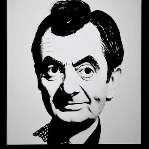 Image similar to a portrait of Mr Bean, made by Andy Warhol, two tone, very high contrast, only black and white, simplistic, extremely high contrast, two tone, notan art, by Andy Warhol, minimalistic,