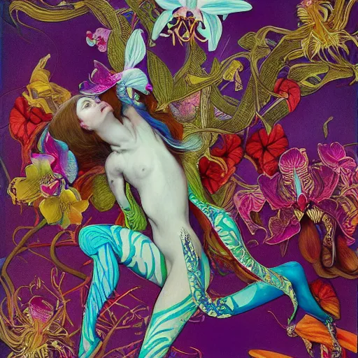 Image similar to majestic colorful orchid mantis enamel by leon bakst and yoshitaka amano, beautiful hyperdetailed art nouveau orchids, james jean, amanda sage