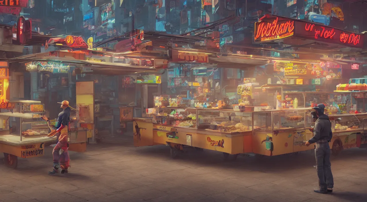 Image similar to a cyberpunk hot dog vendor stands on a main street, unreal engine, octane render, artstation