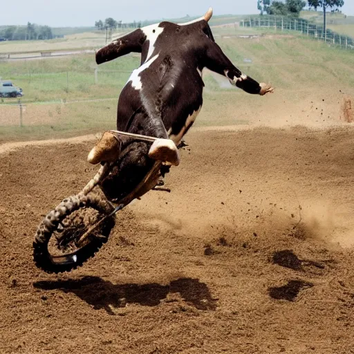 Image similar to a cow on a motocross jump