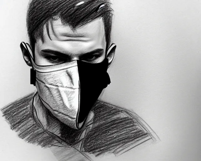 Image similar to draft drawing of a european man covering face with mask, draft sketch, thin stroke, trending on artstation, context art, pencil sketch, high detail