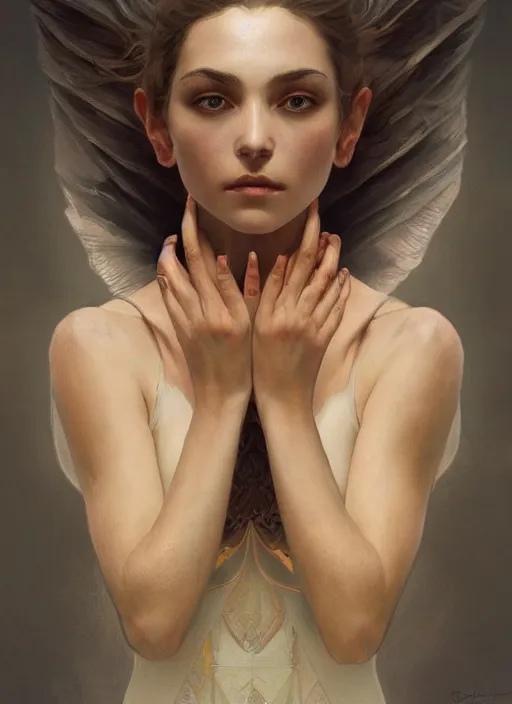 Image similar to symmetry!! hands, machine parts embedded into face, intricate, elegant, highly detailed, digital painting, artstation, concept art, smooth, sharp focus, illustration, art by artgerm and greg rutkowski and alphonse mucha, 8 k