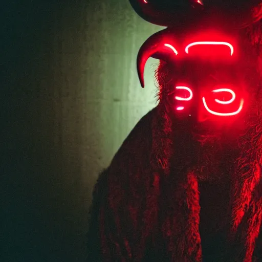 Image similar to a close up of a Rabbi that is the devil with horns looking at the camera in anger, cyberpunk art, neon, satan, red skin, dark, ominous, haunting, sinister, close-up, studio lighting, red lighting, scary, horror, dark,