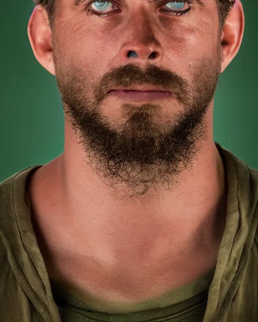 Prompt: closeup prison mugshot of shaggy, dramatic lighting, dirty green clothes, neck shackle, low saturation, somber expression, beardless, smooth face, soft vignette, soft focus, 5 0 mm, 4 k, scooby doo screenshot, photograph by annie leibovitz