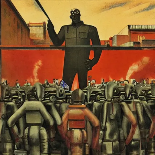 Prompt: robot revolutionary (((speaking to))) a crowd of robots amid the backdrop of a cyberpunk city in the socialist realist style of lenin speaking to the red army by isaac brodsky