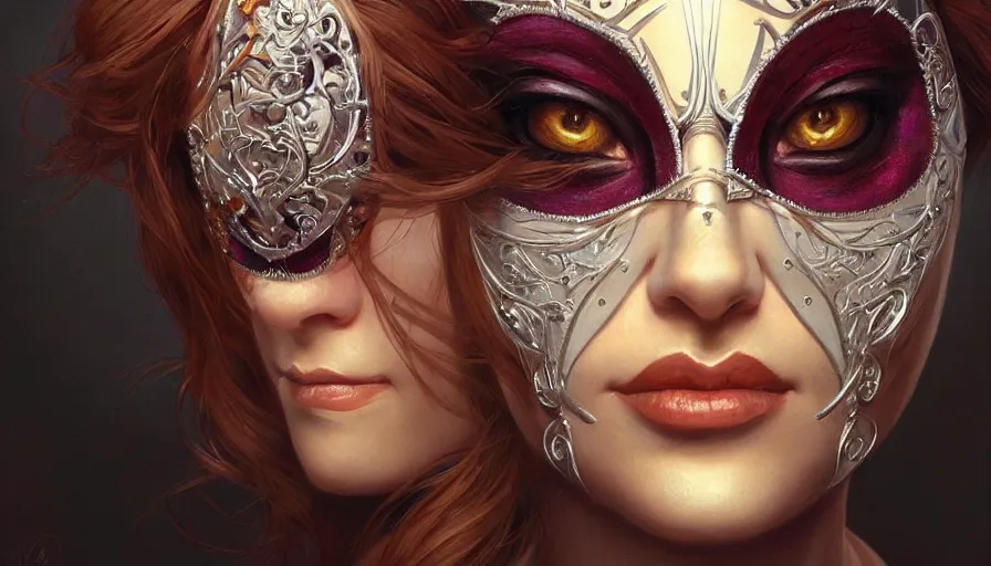 Image similar to masked, perfectly-centered-Portrait of the most beautiful woman on the planet, evil, circus artist, intricate, highly detailed, digital painting, artstation, concept art, smooth, sharp focus, illustration, Unreal Engine 5, 8K, art by artgerm and greg rutkowski and alphonse mucha