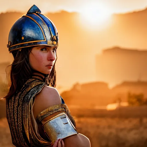 Prompt: a beautiful medium shot of a beautiful model looking of into the distance, wearing an antique athenian warrior helmet with facemask on her head, wearing an ancien greek white tunic with bleu patterns, beautiful natural backlit light failing on her face, golden hour, by annie leibowitz