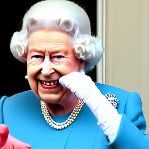 Image similar to the queen of england making a rude gesture, lifting her middle finger, flipping the bird, in a magazine cover photo.