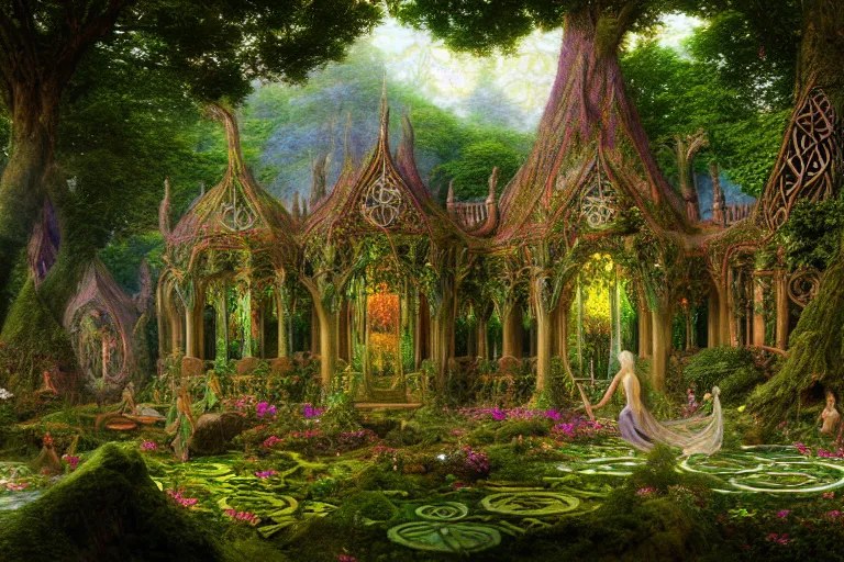 Prompt: a beautiful and highly detailed digital painting of an elven palace in a beautiful garden in a mystical forest, faerie realm, psychedelic patterns, celtic designs, intricate details, epic scale, cgsociety, 8 k, sharp focus, hyperrealism, by caspar friedrich, albert bierstadt, james gurney, brian froud,