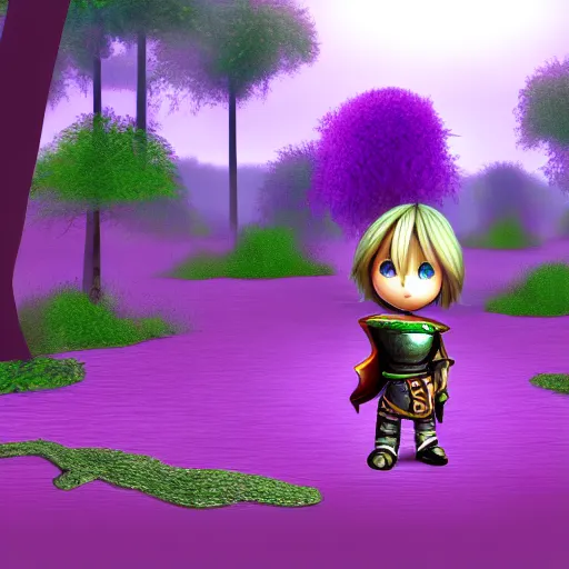 Image similar to render of a chibi knight standing a poison forest, poison is purple clouds among green trees, third person game screenshot 2 0 1 1, ps 3