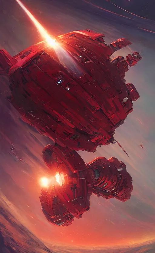 Image similar to a beautiful artwork illustration, a red metallic spaceship flying interstellar hyperdrive, by greg rutkowski and jesper ejsing and raymond swanland, featured on artstation, wide angle, vertical orientation