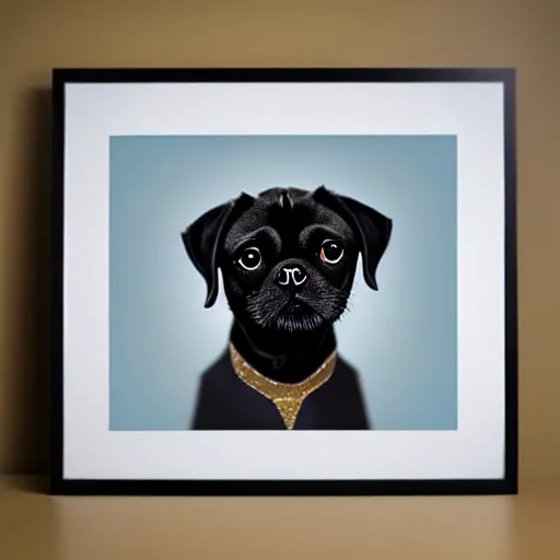 Image similar to portrait of black pugalier dog wearing an elvis costume, trending on instagram, award winning details