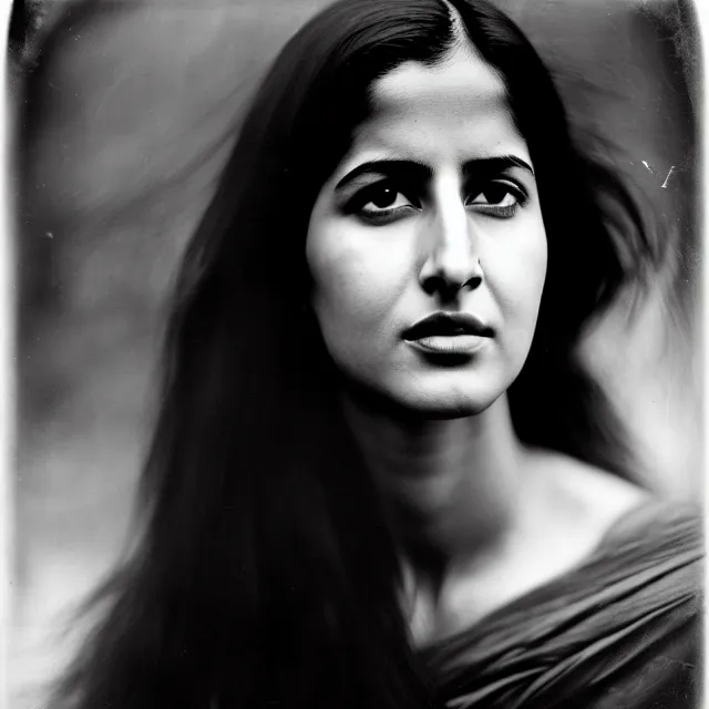 Prompt: a vintage photograph of Katrina Kaif by Julia Margaret Cameron, portrait, 40mm lens, shallow depth of field, split lighting