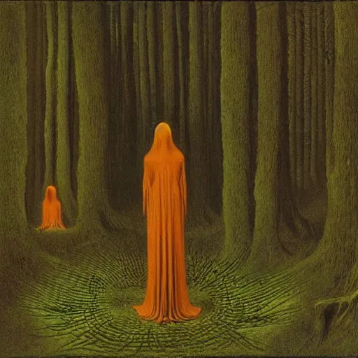 Prompt: women praying at a forest alter ufo abduction Zdzisław Beksiński