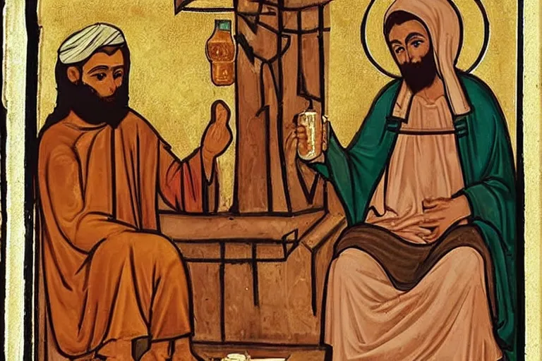 Image similar to prophet Mohamed drinking beer with Jesus