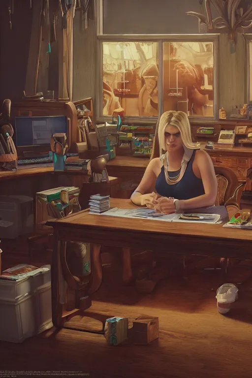 Prompt: jessica simpson sitting at a desk, bulging chest resting on table infront of her, mcdonalds interior, highly detailed, wide shot, intricate, fearful, mystical, sharp focus, Trending on Artstation HQ, deviantart, unreal engine 5, 4K UHD image