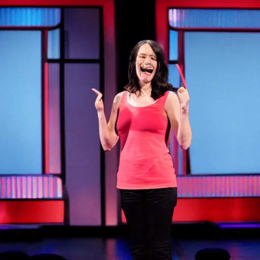 Image similar to film still of netflix comedy special. 3 2 - year - old, female short height, good - looking, standup comedian, skateboarder style, pale complexion, jewish and italian descent, fit, on stage, laughing, telling jokes