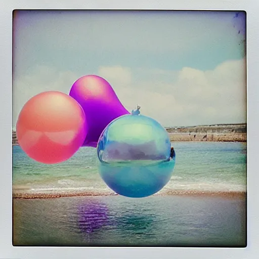 Prompt: a pastel colour high fidelity Polaroid art photo from a holiday album at a seaside with abstract inflatable parachute furniture and spheres, all objects made of transparent iridescent Perspex and metallic silver, no people, iridescence, nostalgic