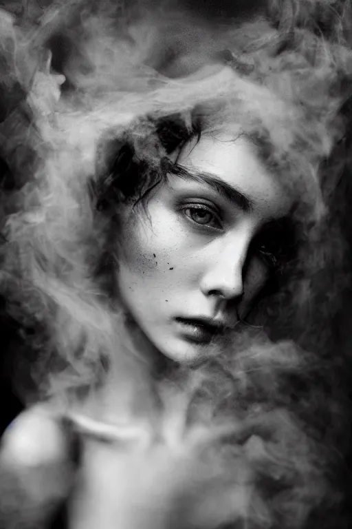 Prompt: wetplate photography inside a soul of a gorgeous young girl , searching for eternity, smoke out of her eyes, dark glowing forest in the style of stefan kostic, realistic, sharp focus, 8k high definition, high fashion, vogue, insanely detailed, soft light, colorful smoke, intricate, elegant, art by stanley lau and artgerm, sigma 85mm art