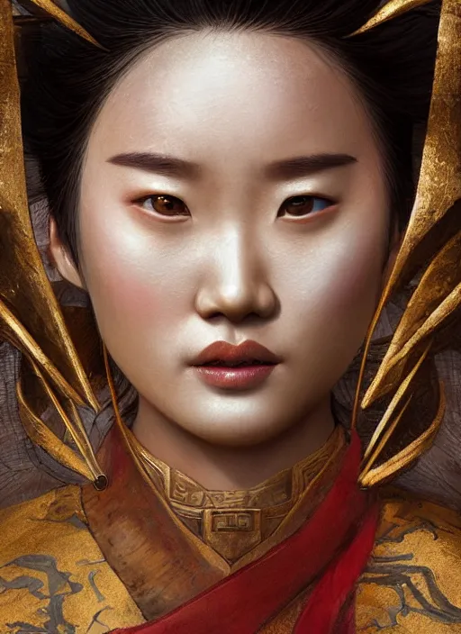 Image similar to realistic detailed painting of Mulan wearing sculpted textured armor, intricate complexity, close-up of the front of the face, super sophisticated texture, resolute expression, by Guweiz, split lighting, 4K resolution, symmetric, clear facial features, golden ratio, Kojima, Amano, Charlie Bowater, Karol Bak, rich deep colors, Unreal Engine 5