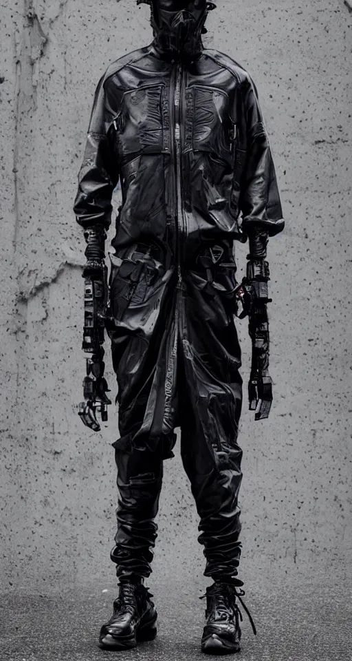 Image similar to cyberpunk techwear streetwear look and clothes, we can see them from feet to head, highly detailed and intricate, beautiful bright colors, hypermaximalist, futuristic, cyberpunk setting, luxury, elite, cinematic, techwear fashion, Errolson Hugh, Sacai, Nike ACG, Yohji Yamamoto, Y3, ACRNYM, outfit photo