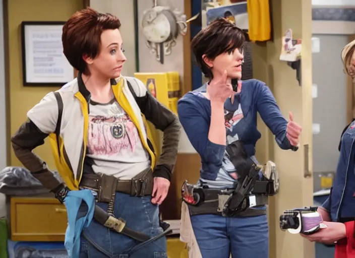 Prompt: a film still of a a woman called tracer from overwatch in sitcom big bang theory