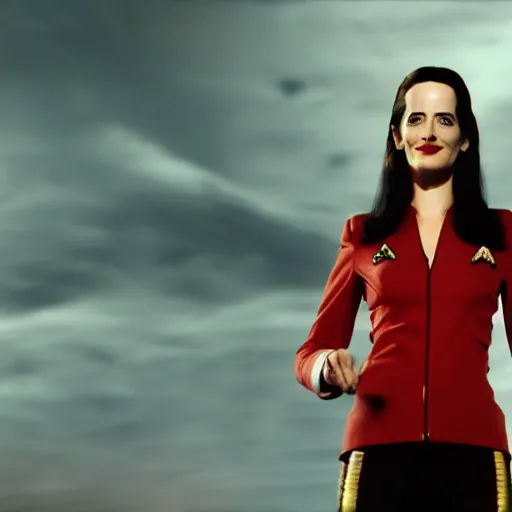 Prompt: a full body photograph of 3 0 year old eva green as a star fleet officer from star trek next generation, ultra rendered, extreme realism and detail, 8 k, highly detailed, realistic, completely framed, hyper realistic, colorful, direct lighting, 3 5 mm photo, photorealistic, sharp focus