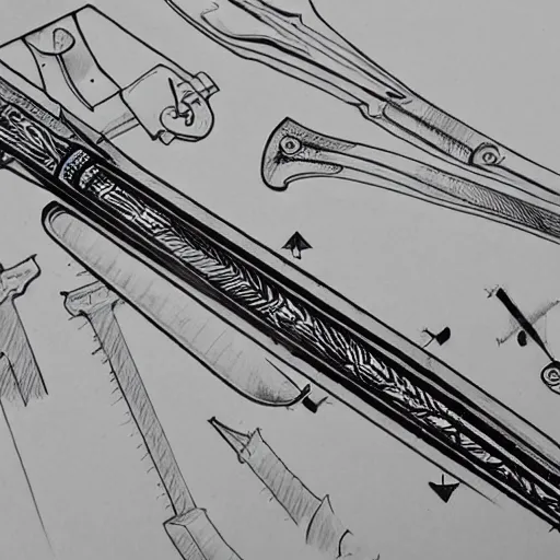 Prompt: black and white pen and ink sword design highly detailed technical drawing