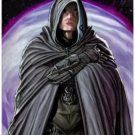 Image similar to tall thin gray - skinned brooding space elf nobleman in ornate hooded long dark cloak, on space station, highly detailed, mike mignogna, comic book, science fiction, dark tones, dark, rough paper, oil painting