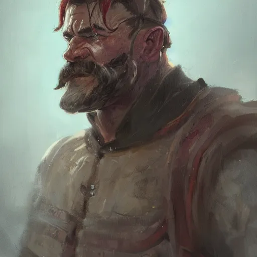 Image similar to portrait cool old barbarian warrior with trucker mustache and short hair, 8 k, trending on art station, by tooth wu and greg rutkowski