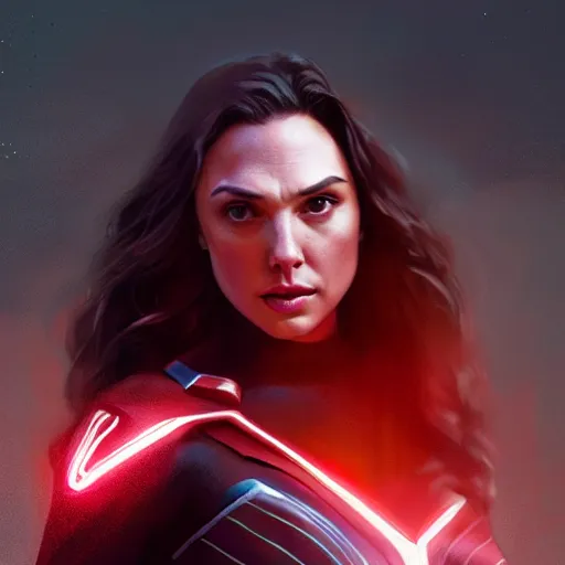 Image similar to a potrait of Gal Gadot as Scarlet witch by Greg Rutkowski, Sung Choi, Mitchell Mohrhauser, Maciej Kuciara, Johnson Ting, Maxim Verehin, Peter Konig, 8k photorealistic, cinematic lighting, HD, high details, dramatic, trending on artstation, full body shot