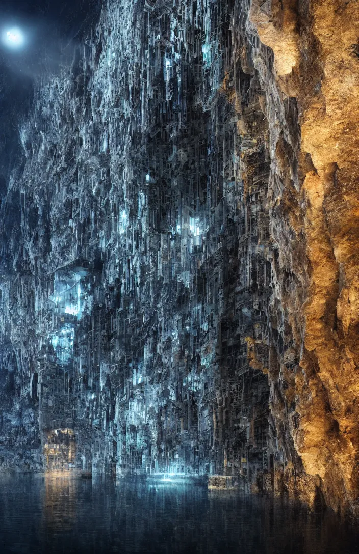 Prompt: Tall building with its bottom half covered by water, all its lights are on. Cave like structures on the edges of the image. Professional Photography, hyper detailed, sharp focus, 4k.