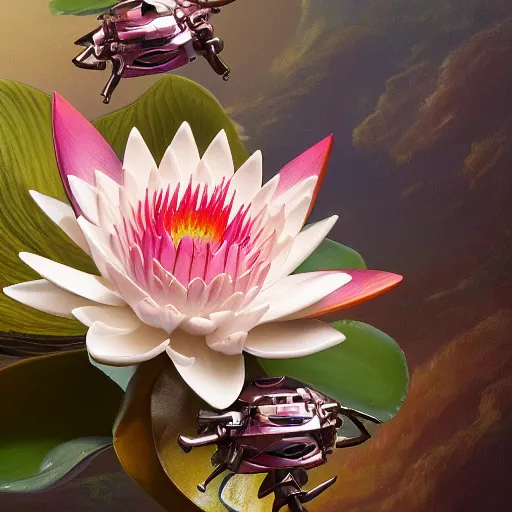 Image similar to futuristic nymphaea mecha waterlily upper body flower claws, sepals forming helmet, floral details, nymphaea, 8 k hd resolution, barbatos gundam with floral inlay, bandai box art, star wars, makoto kobayashi, frank gehry, raymond swanland