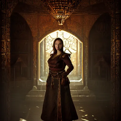 Image similar to the elder scrolls vi, charismatic regal brunette female jarl, portrait, throne room, atmospheric lighting, painted, intricate, volumetric lighting, beautiful, daytime, sunny weather, slight overcast, sharp focus, deep colours, ultra detailed, by leesha hannigan, ross tran, thierry doizon, kai carpenter, ignacio fernandez rios